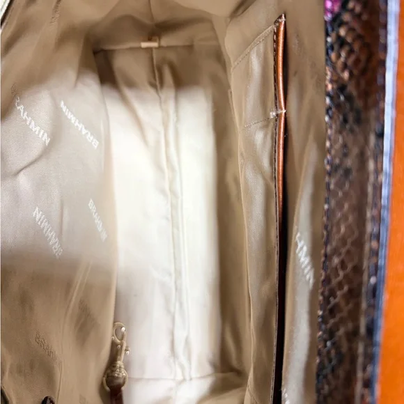Brahmin Tan Snakeskin Satchel with Pink Accents